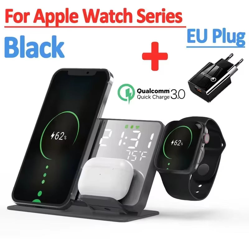 3 in 1 Wireless Charger for Apple Samsung Galaxy Watch 6 5 Pro S24 S23 S22 Fast Charging Station Alarm Clock Phone Charger Stand