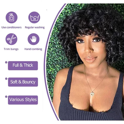 Big Curly Bob Wigs with Bangs Short Rose Curly Brazilian Virgin Human Hair Wig for Women Glueless Bouncy Curly Human Hair Wigs