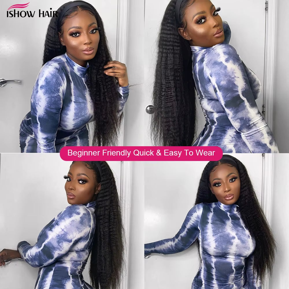Ishow Kinky Straight Headband Wigs Yaki Human Hair Wigs for Black Women Brazilian Hair Wigs Full Machine Made Headband Wigs