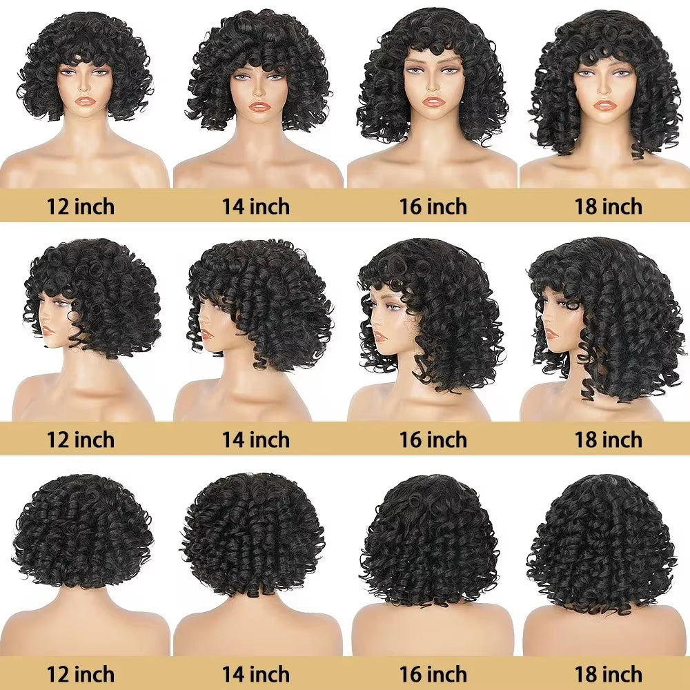 Big Curly Bob Wigs with Bangs Short Rose Curly Brazilian Virgin Human Hair Wig for Women Glueless Bouncy Curly Human Hair Wigs