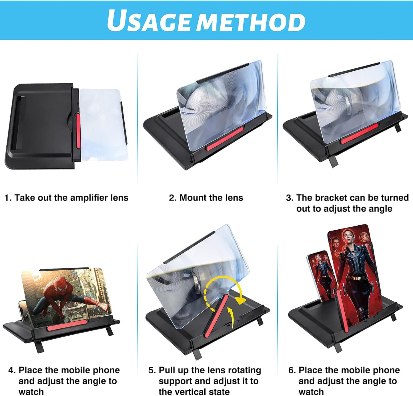 12 Inch Phone Screen Magnisfier for Cell Phone 3D HD Screen Amplifier with Portable Phone Stand Holder Rotatable Vertical Screen Enlarger Compatible with All Smartphones-Black