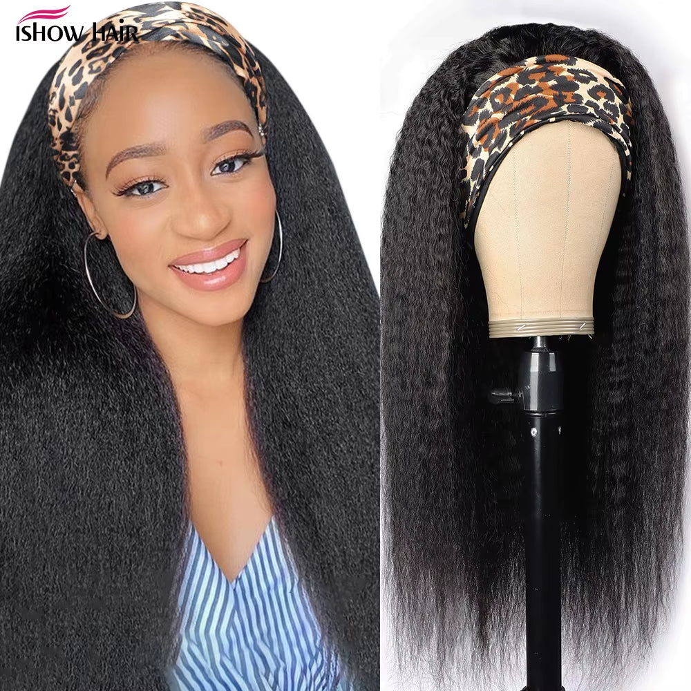 Ishow Kinky Straight Headband Wigs Yaki Human Hair Wigs for Black Women Brazilian Hair Wigs Full Machine Made Headband Wigs