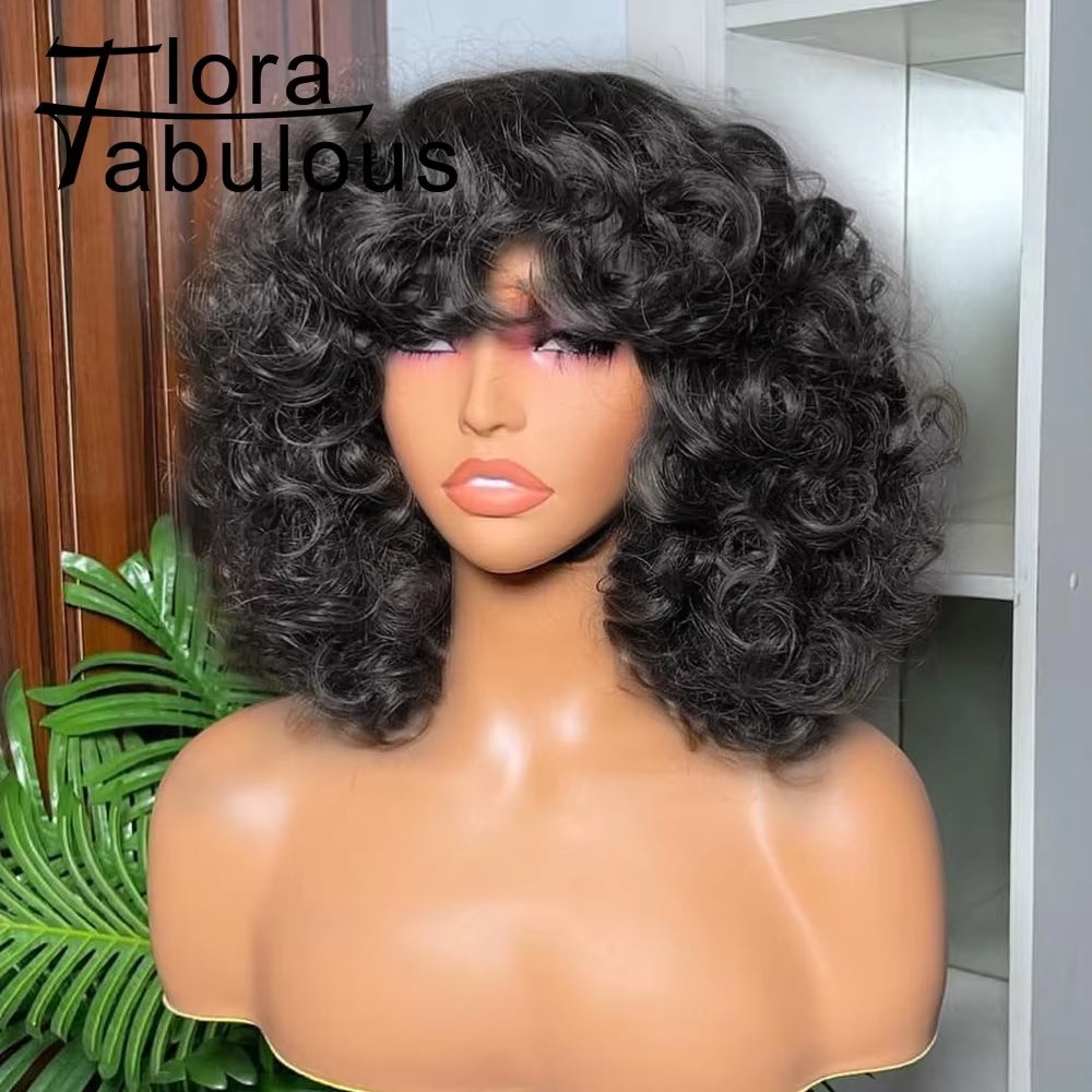 Big Curly Bob Wigs with Bangs Short Rose Curly Brazilian Virgin Human Hair Wig for Women Glueless Bouncy Curly Human Hair Wigs