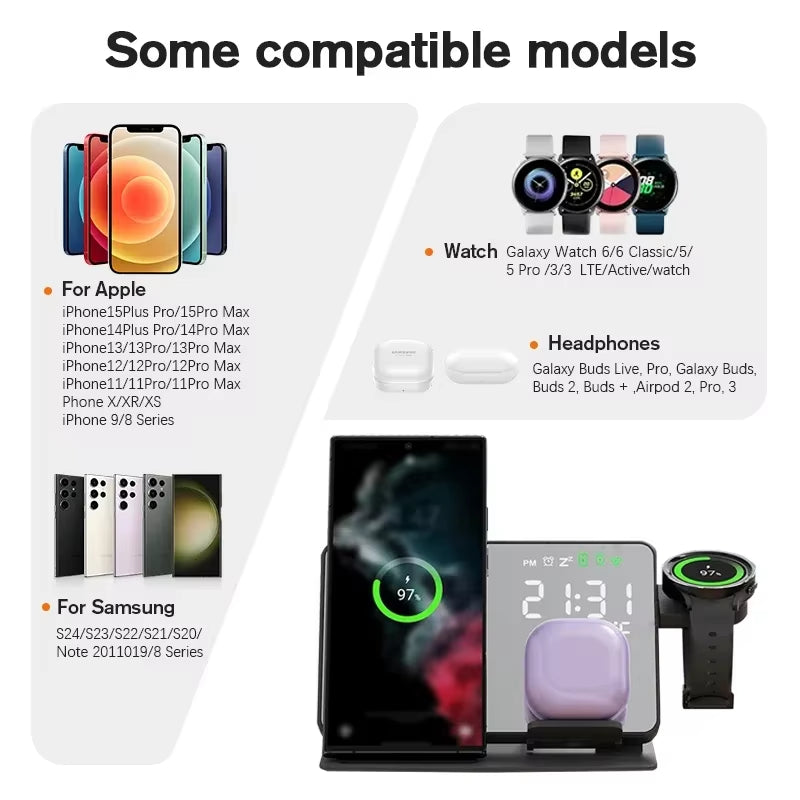 3 in 1 Wireless Charger for Apple Samsung Galaxy Watch 6 5 Pro S24 S23 S22 Fast Charging Station Alarm Clock Phone Charger Stand