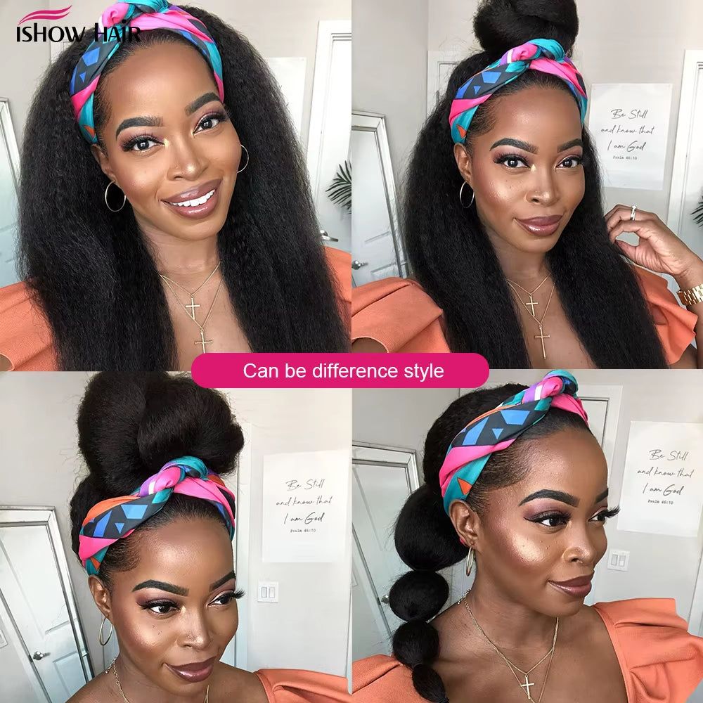 Ishow Kinky Straight Headband Wigs Yaki Human Hair Wigs for Black Women Brazilian Hair Wigs Full Machine Made Headband Wigs