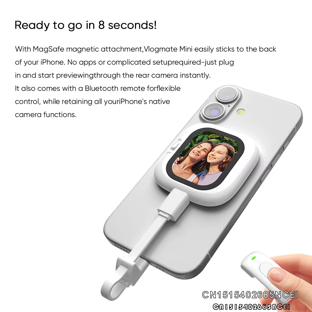 Zuno Vlog Mate Mini AMOLED Screen Magnetic Selfie Monitor Screen Remote Control 700Nits for Iphone 5-12 13 14 15 16 Pro Vlog