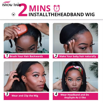 Ishow Kinky Straight Headband Wigs Yaki Human Hair Wigs for Black Women Brazilian Hair Wigs Full Machine Made Headband Wigs