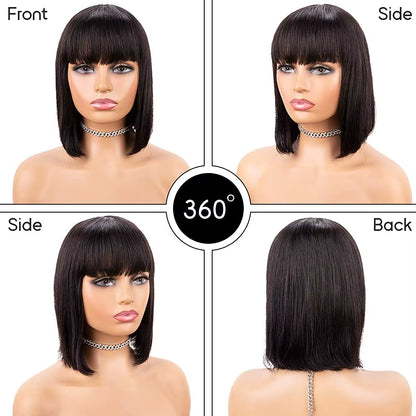 Human Hair Wigs Bob Wigs with Bangs Short Straight Hair Wigs 100% Brazilian Remy Human Hair None Lace Front Wigs Glueless Wigs