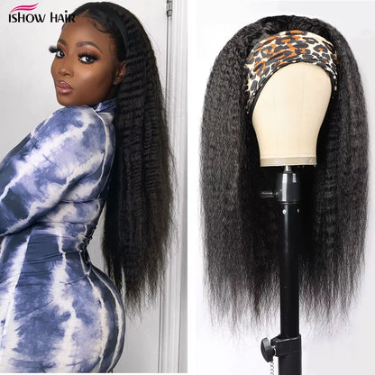 Ishow Kinky Straight Headband Wigs Yaki Human Hair Wigs for Black Women Brazilian Hair Wigs Full Machine Made Headband Wigs