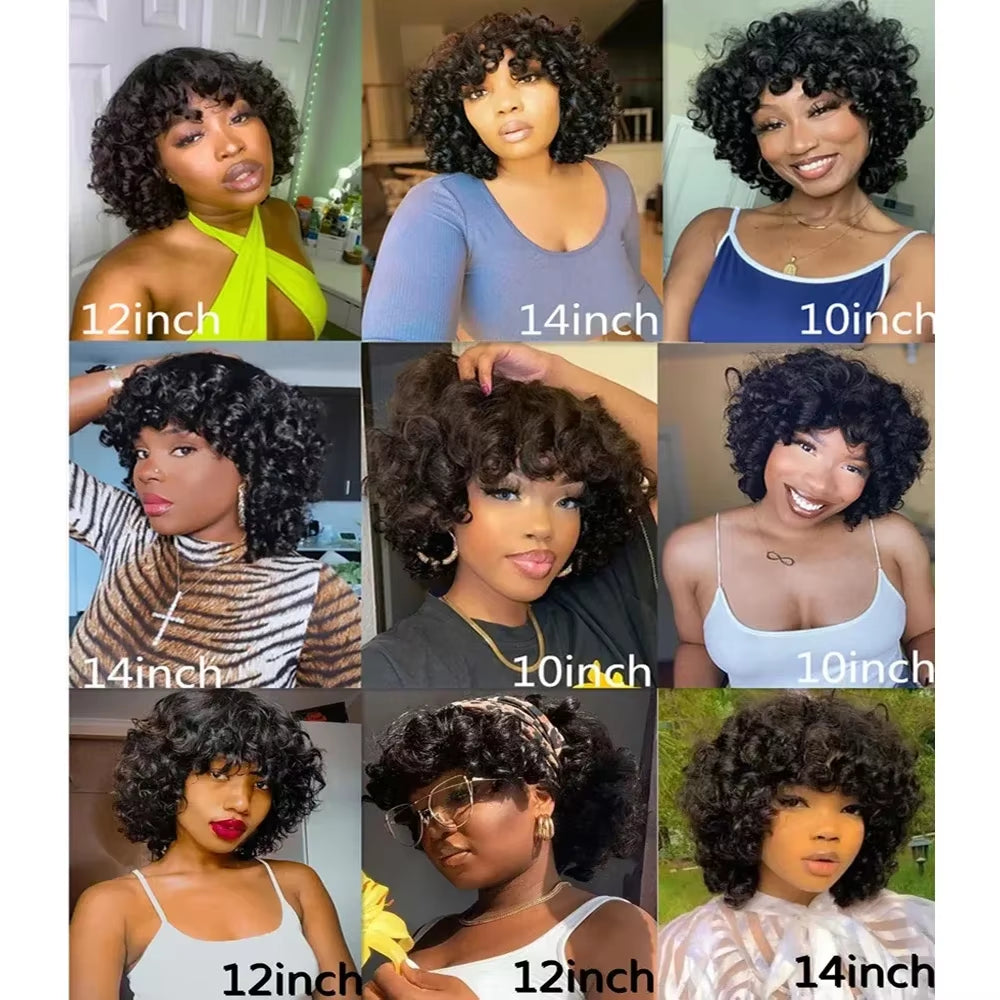 Big Curly Bob Wigs with Bangs Short Rose Curly Brazilian Virgin Human Hair Wig for Women Glueless Bouncy Curly Human Hair Wigs