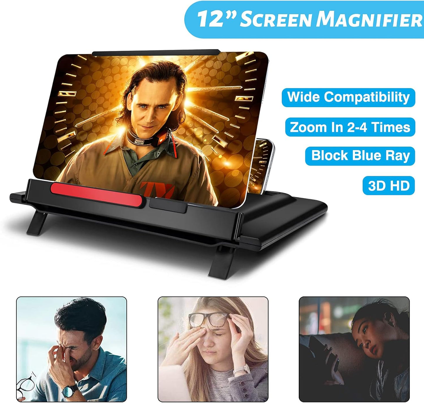 12 Inch Phone Screen Magnisfier for Cell Phone 3D HD Screen Amplifier with Portable Phone Stand Holder Rotatable Vertical Screen Enlarger Compatible with All Smartphones-Black