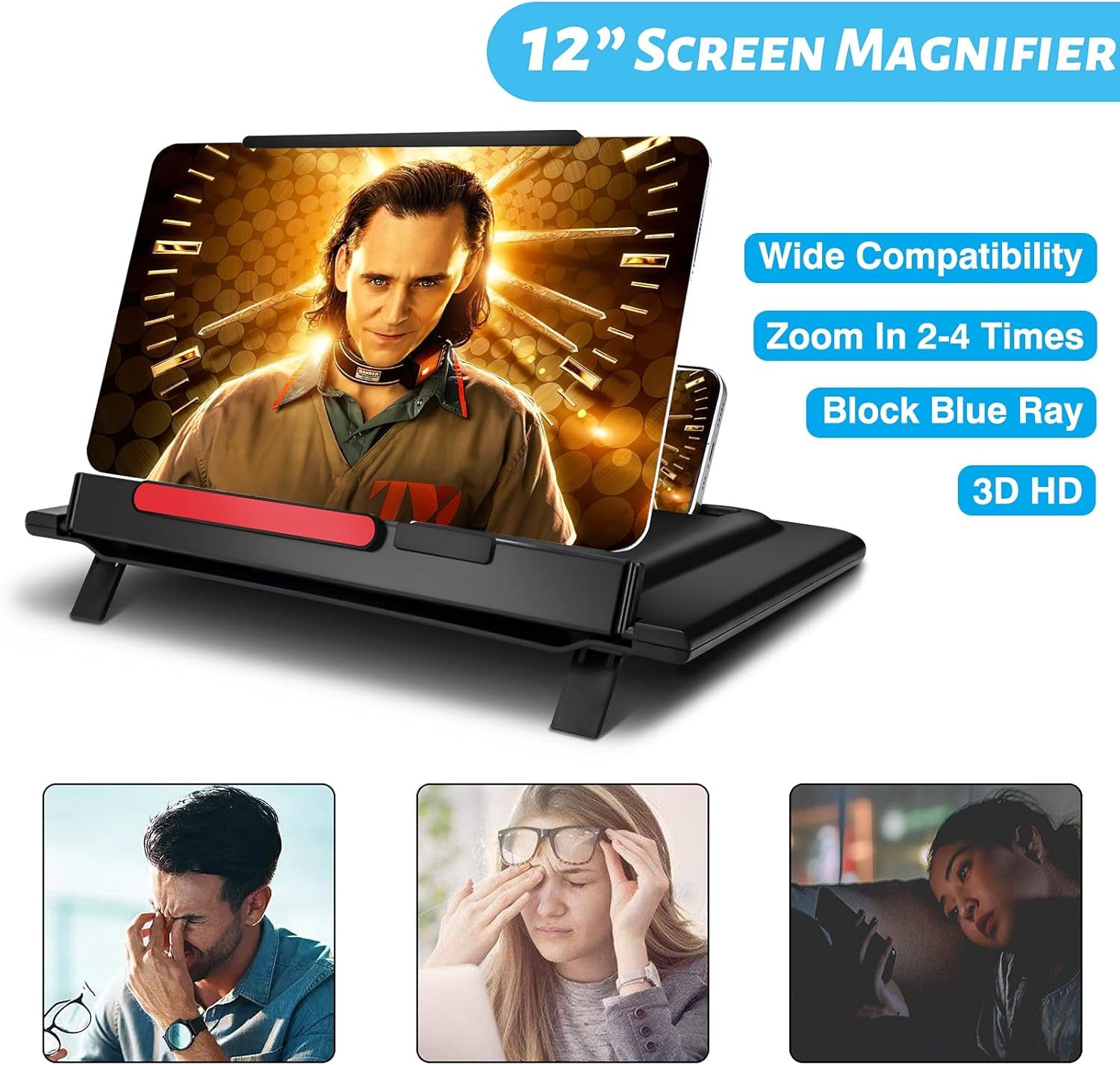 12 Inch Phone Screen Magnisfier for Cell Phone 3D HD Screen Amplifier with Portable Phone Stand Holder Rotatable Vertical Screen Enlarger Compatible with All Smartphones-Black